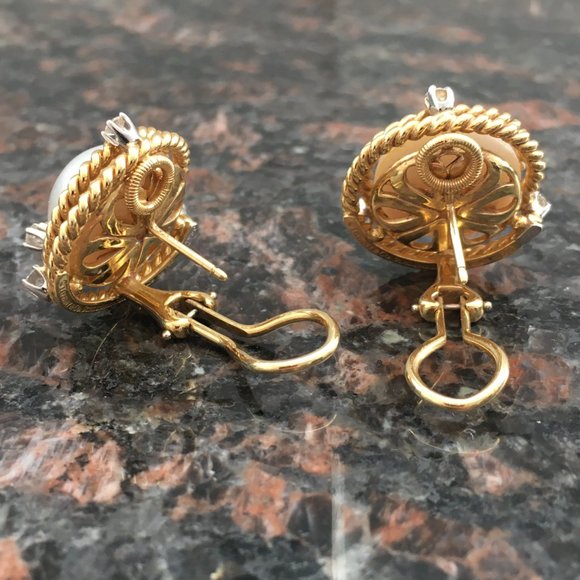 Tiffany & Co. 18K Yellow Gold Platinum Schlumberger Mabe Pearl Diamond Earrings - Picture 3 of 6